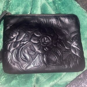 Patricia Nash Black Italian Leather Rose Clutch/Wristlet Bag